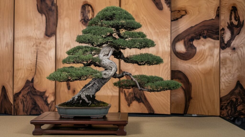 Japanese cedar bonsai tree in a pot