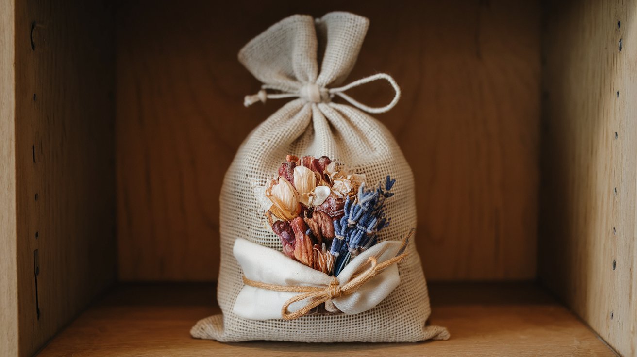 A photo of a homemade floral air freshener in a breathable bag. The air freshener is made of dried flowers, lavender, and a piece of cloth. The cloth is tied around the dried flowers and lavender. The freshener is placed in a breathable bag made of cheesecloth. The bag is tied at the top. The background is a wooden shelf.