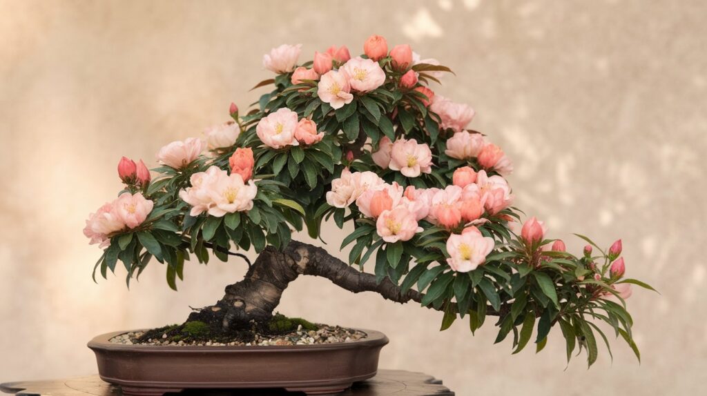 a photo of a peach bonsai tree with flowers in ful 5B2t8uqdR aCi4rkGh W A aCeFxXNmSRKT7EN6Iu5Ijg