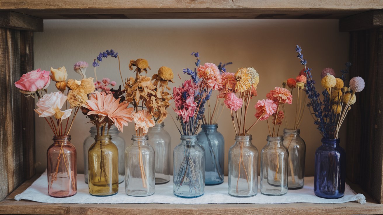 A photo of a rustic wooden shelf with multiple glass bottles. Each bottle contains a different type of dead flower. There are roses, daisies, and lavender among others. The flowers are in various shades of pink, orange, yellow, and purple. The bottles are placed on a white cloth. The background is a beige wall.