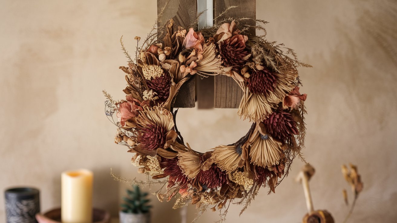 A photo of a wreath made with dried flowers. The wreath has a rustic charm with its earthy tones and natural textures. It is hung on awooden beam. In the background, there is a beige wall and a few decorative items, including a candle and a small plant. The lighting is soft.