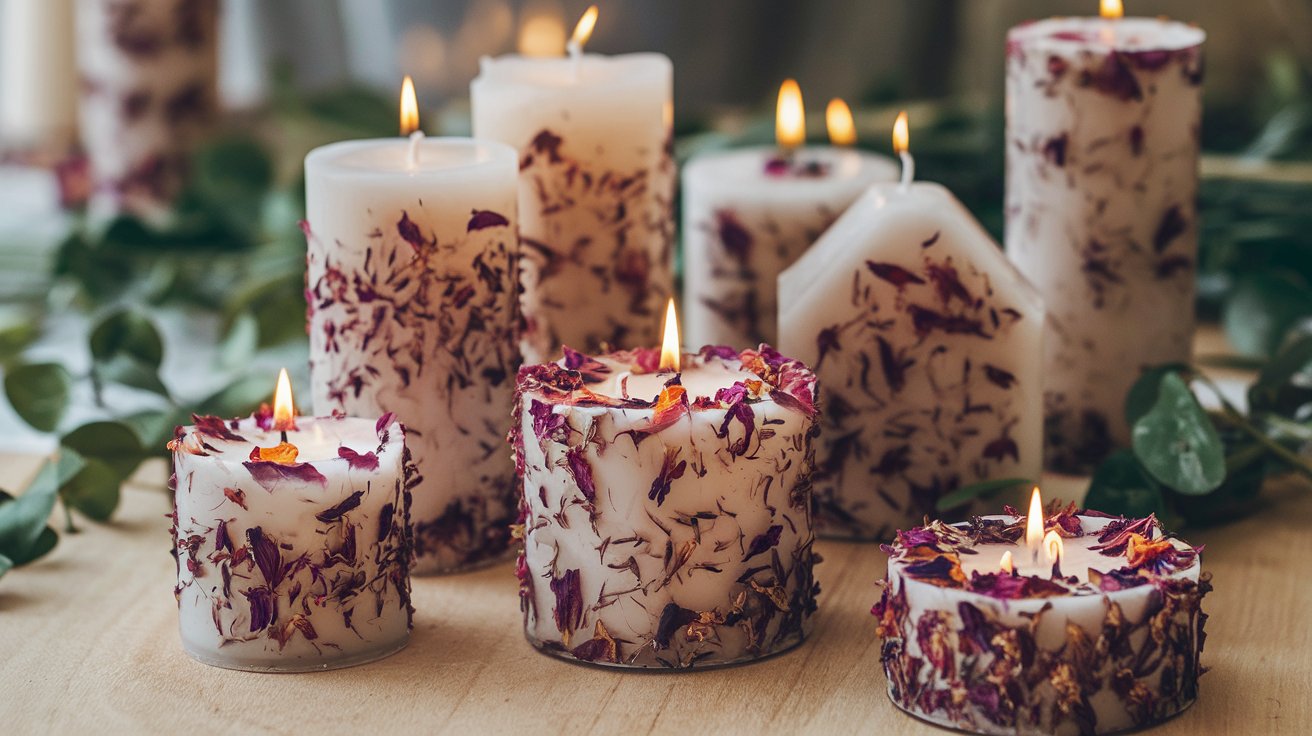 Candles made with crushed  and dried petals, crushed petals embedded in the wax